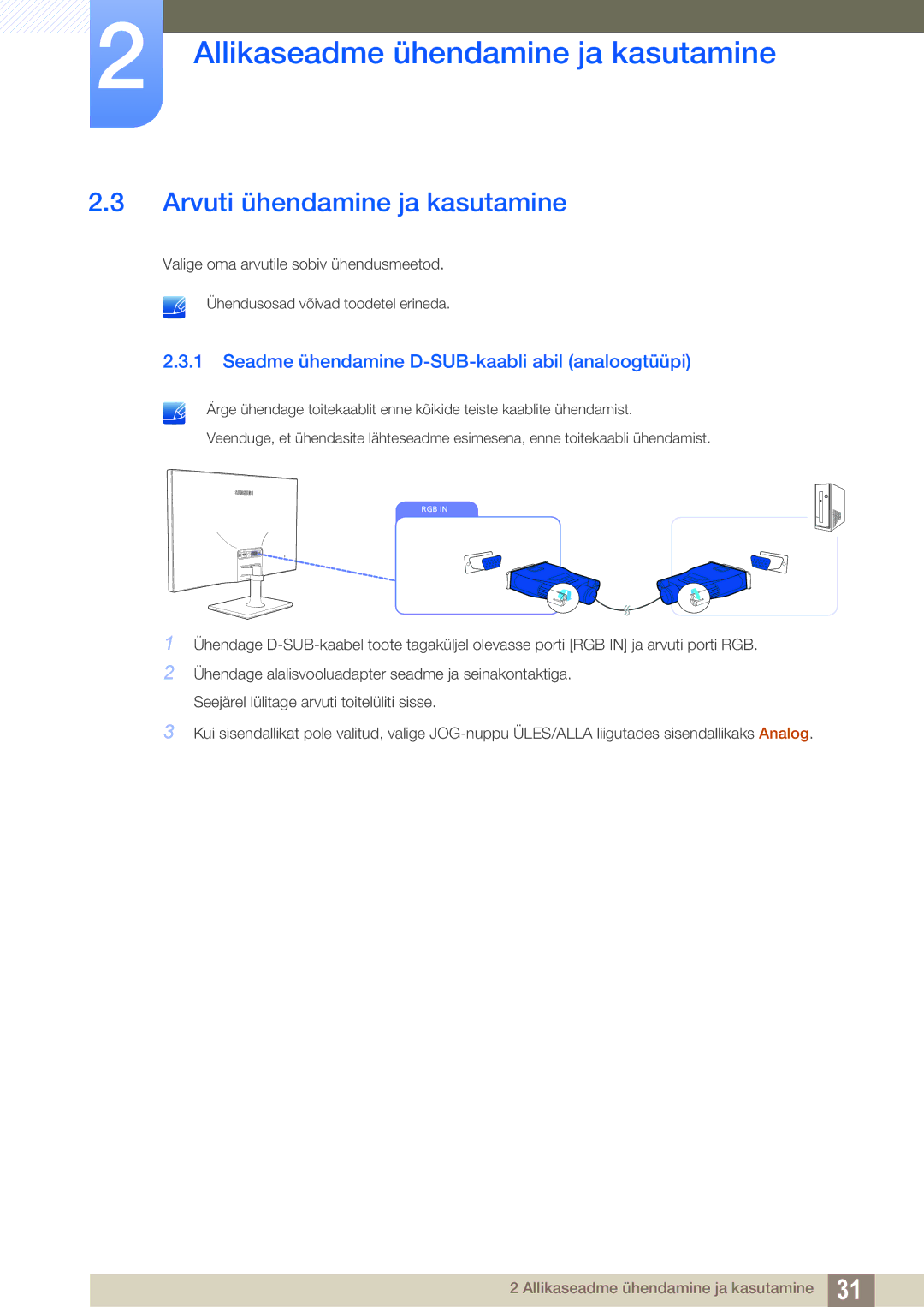 Samsung LS27C590HS/EN manual Arvuti ühendamine ja kasutamine, Seadme ühendamine D-SUB-kaabli abil analoogtüüpi 