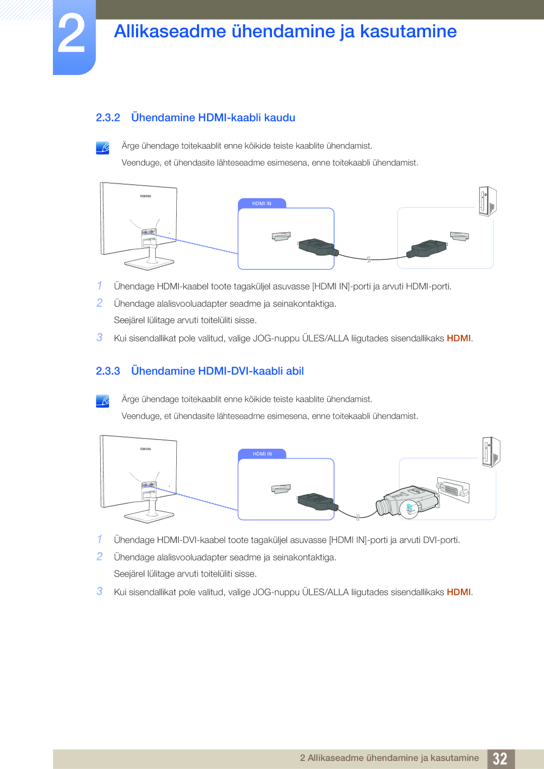 Samsung LS27C590HS/EN manual 2 Ühendamine HDMI-kaabli kaudu, 3 Ühendamine HDMI-DVI-kaabli abil 