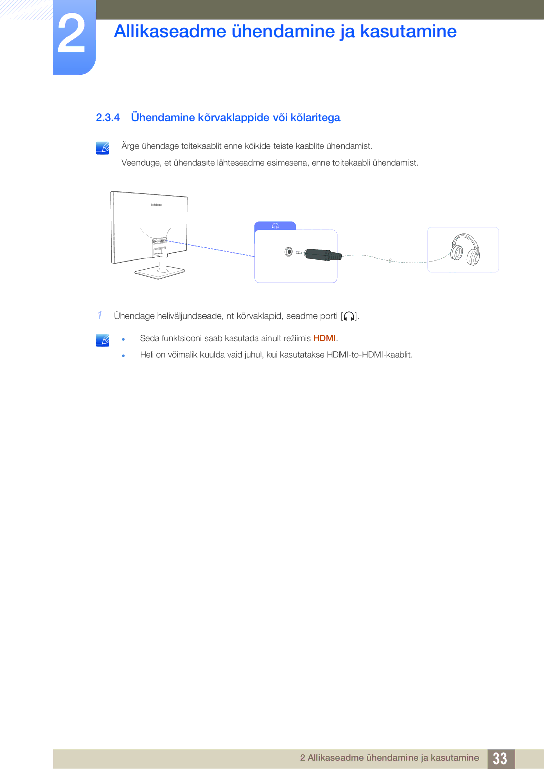 Samsung LS27C590HS/EN manual 4 Ühendamine kõrvaklappide või kõlaritega 