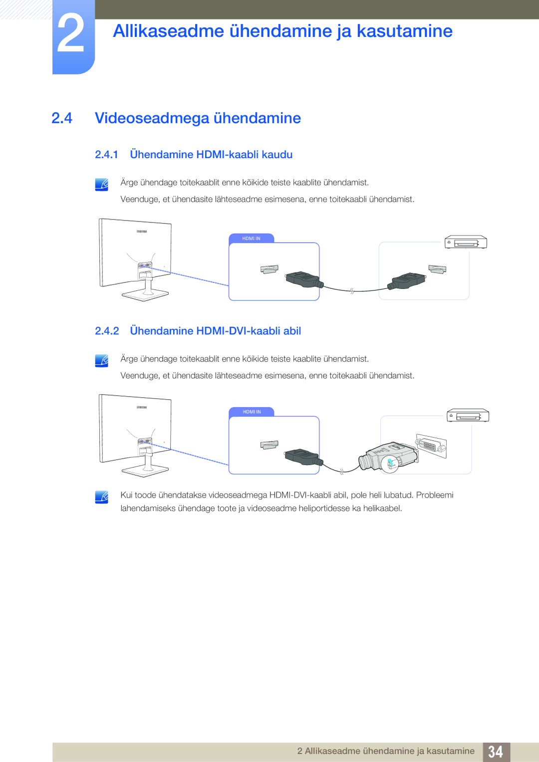 Samsung LS27C590HS/EN manual Videoseadmega ühendamine, 1 Ühendamine HDMI-kaabli kaudu, 2 Ühendamine HDMI-DVI-kaabli abil 