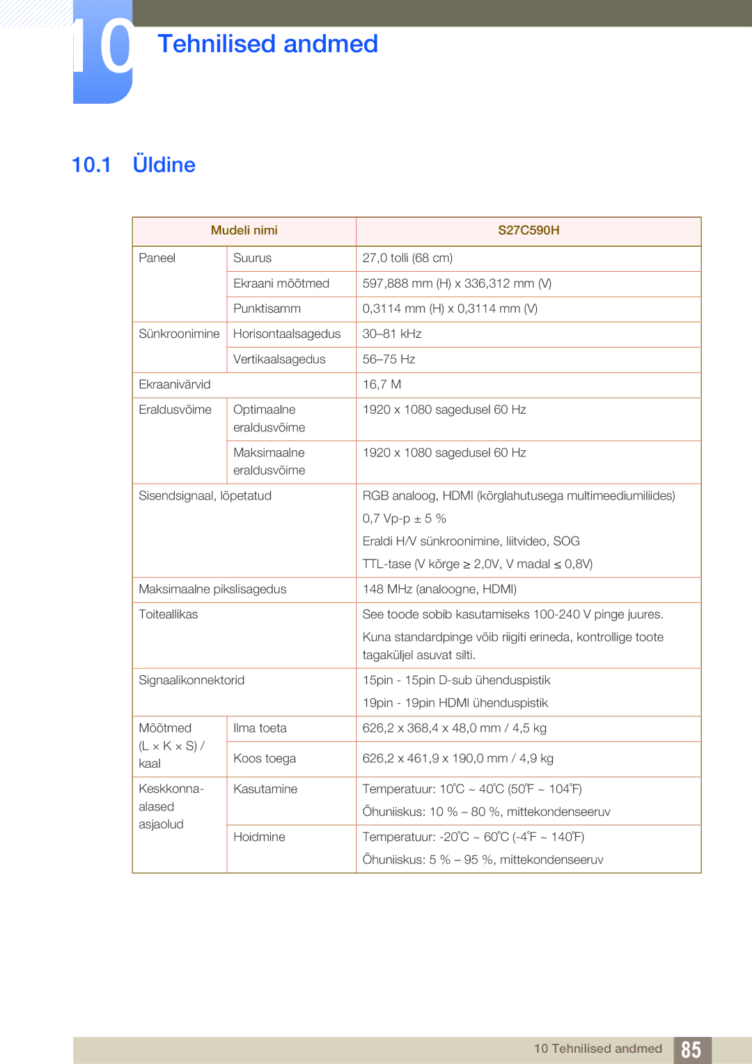 Samsung LS27C590HS/EN manual Tehnilised andmed, 10.1 Üldine 