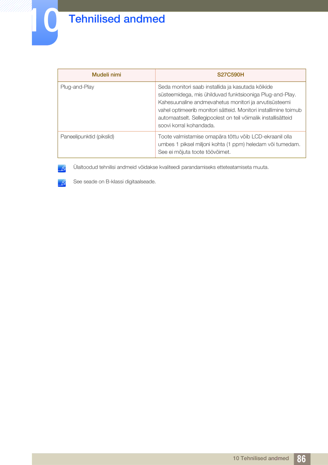 Samsung LS27C590HS/EN manual Tehnilised andmed 