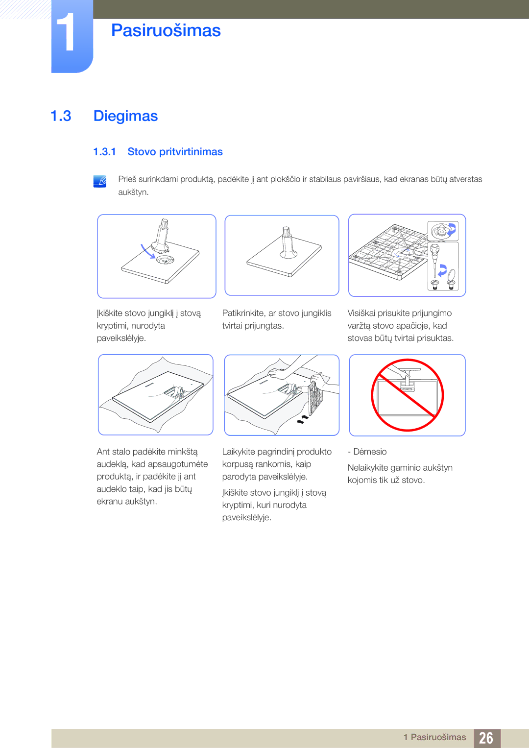 Samsung LS27C590HS/EN manual Diegimas, Stovo pritvirtinimas 