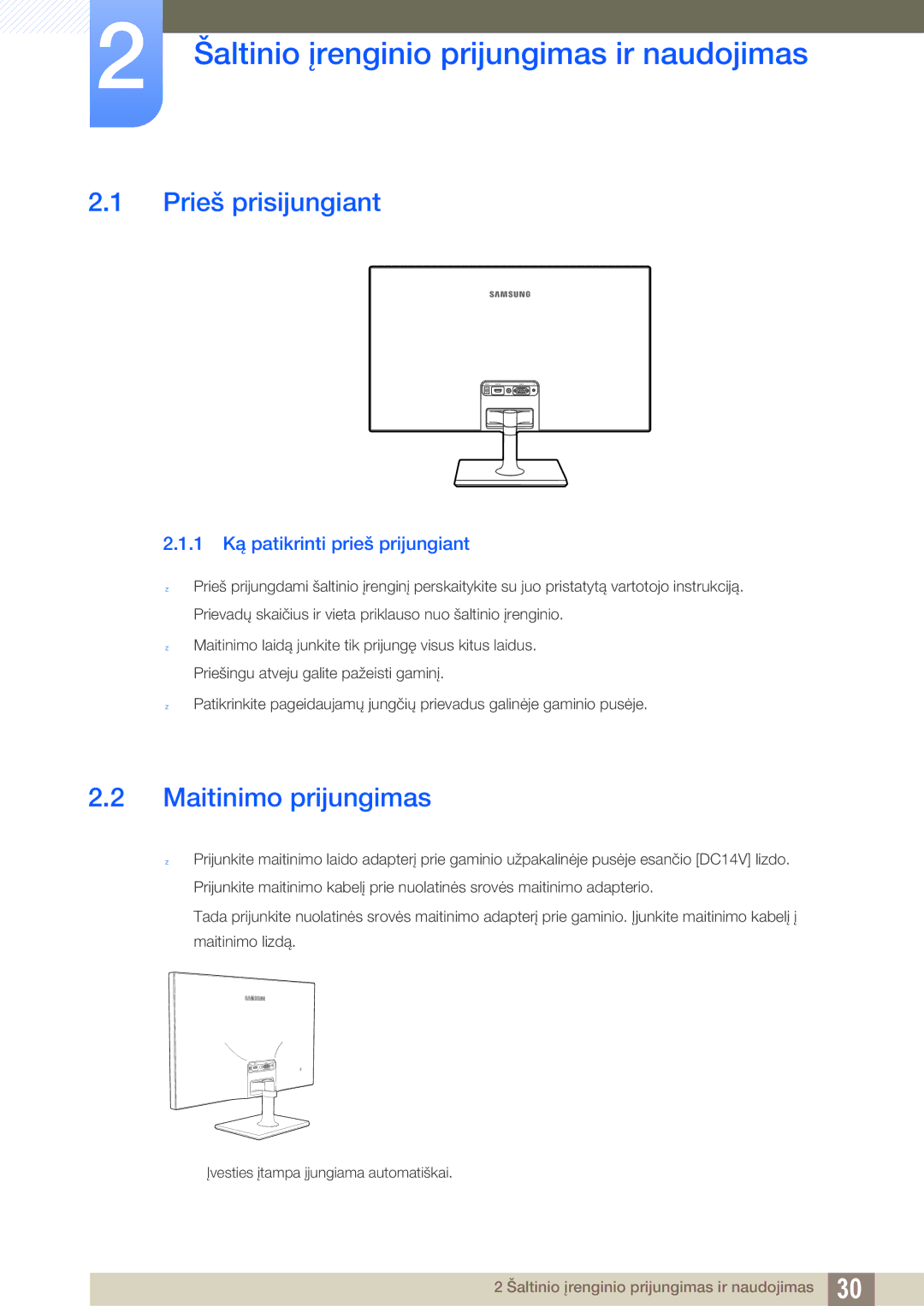 Samsung LS27C590HS/EN manual Šaltinio įrenginio prijungimas ir naudojimas, Prieš prisijungiant, Maitinimo prijungimas 