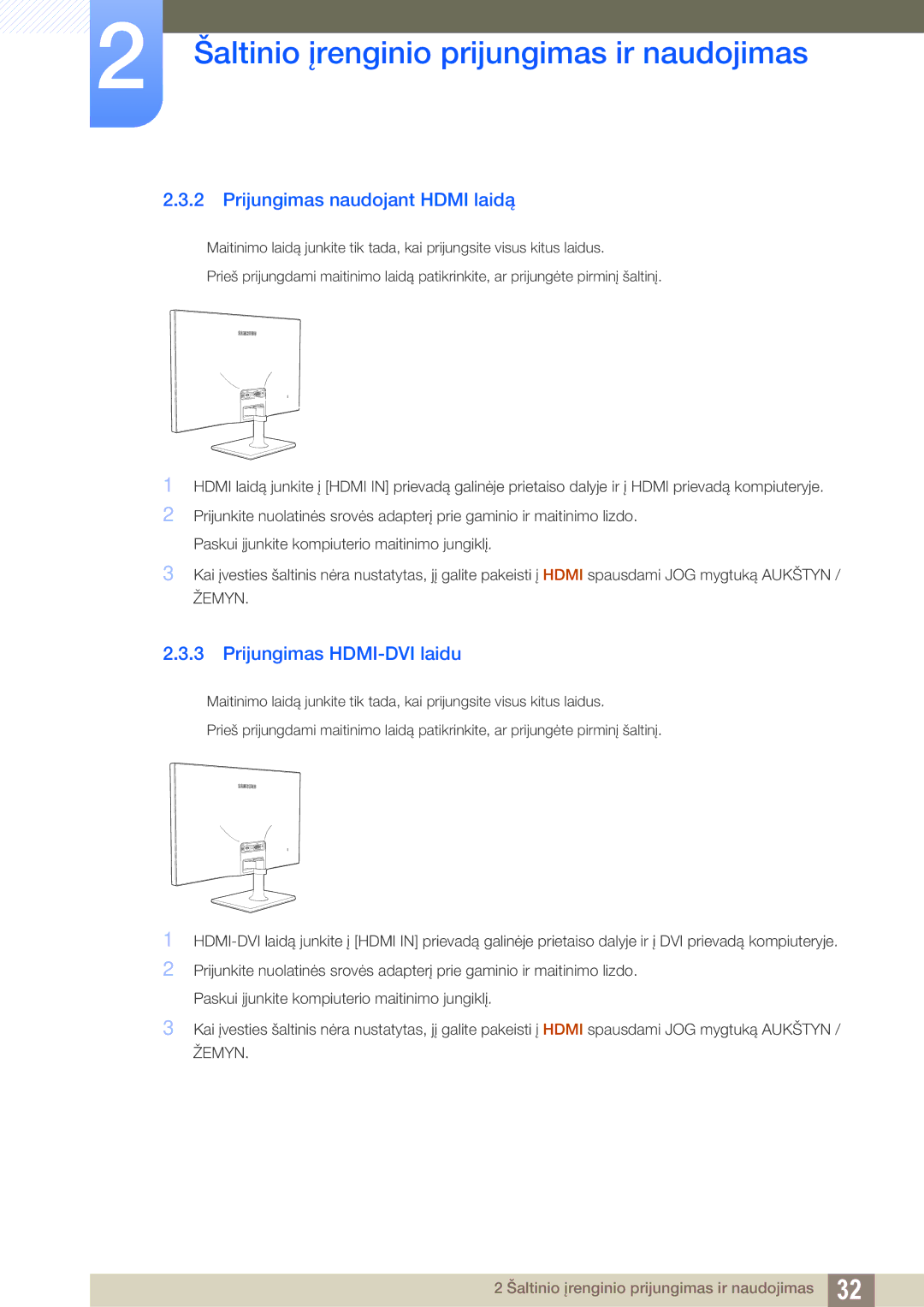 Samsung LS27C590HS/EN manual Prijungimas naudojant Hdmi laidą, Prijungimas HDMI-DVI laidu 