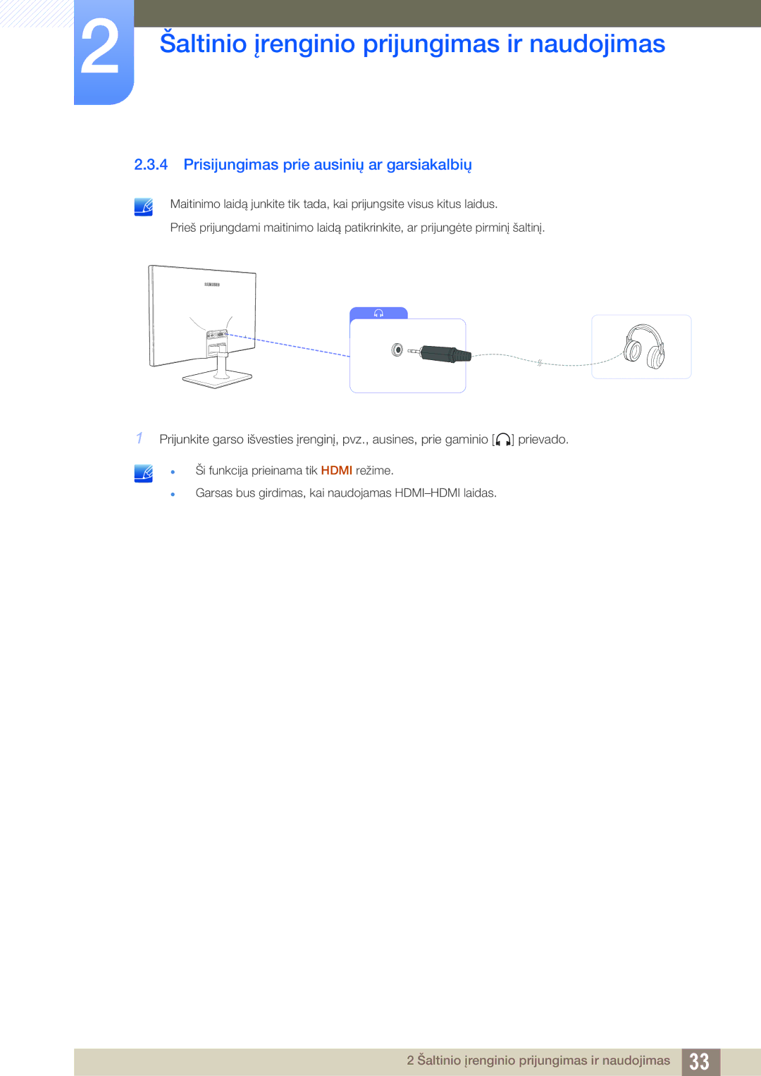 Samsung LS27C590HS/EN manual Prisijungimas prie ausinių ar garsiakalbių 