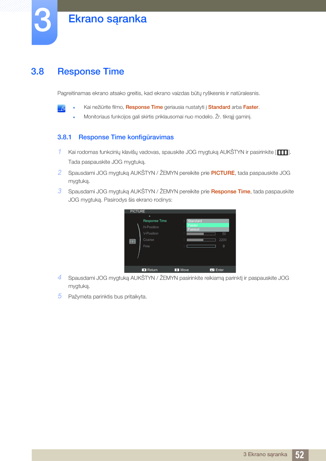 Samsung LS27C590HS/EN manual Response Time konfigūravimas 