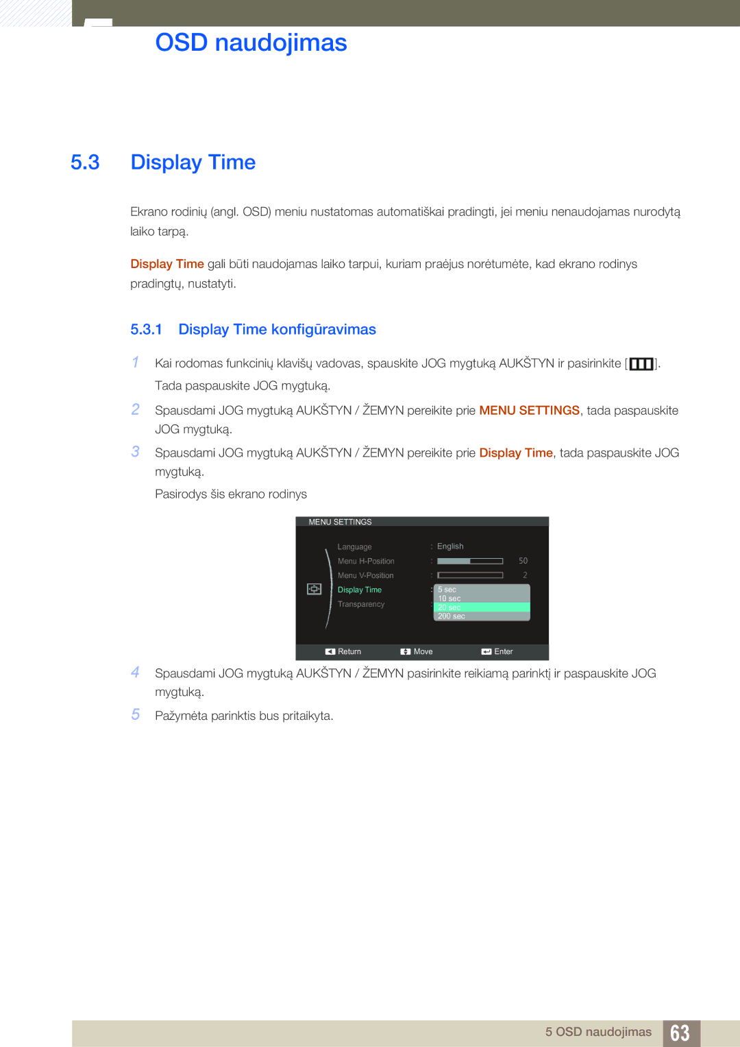 Samsung LS27C590HS/EN manual Display Time konfigūravimas 