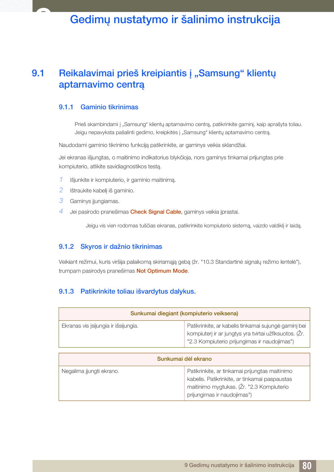 Samsung LS27C590HS/EN manual Gedimų nustatymo ir šalinimo instrukcija, Gaminio tikrinimas, Skyros ir dažnio tikrinimas 