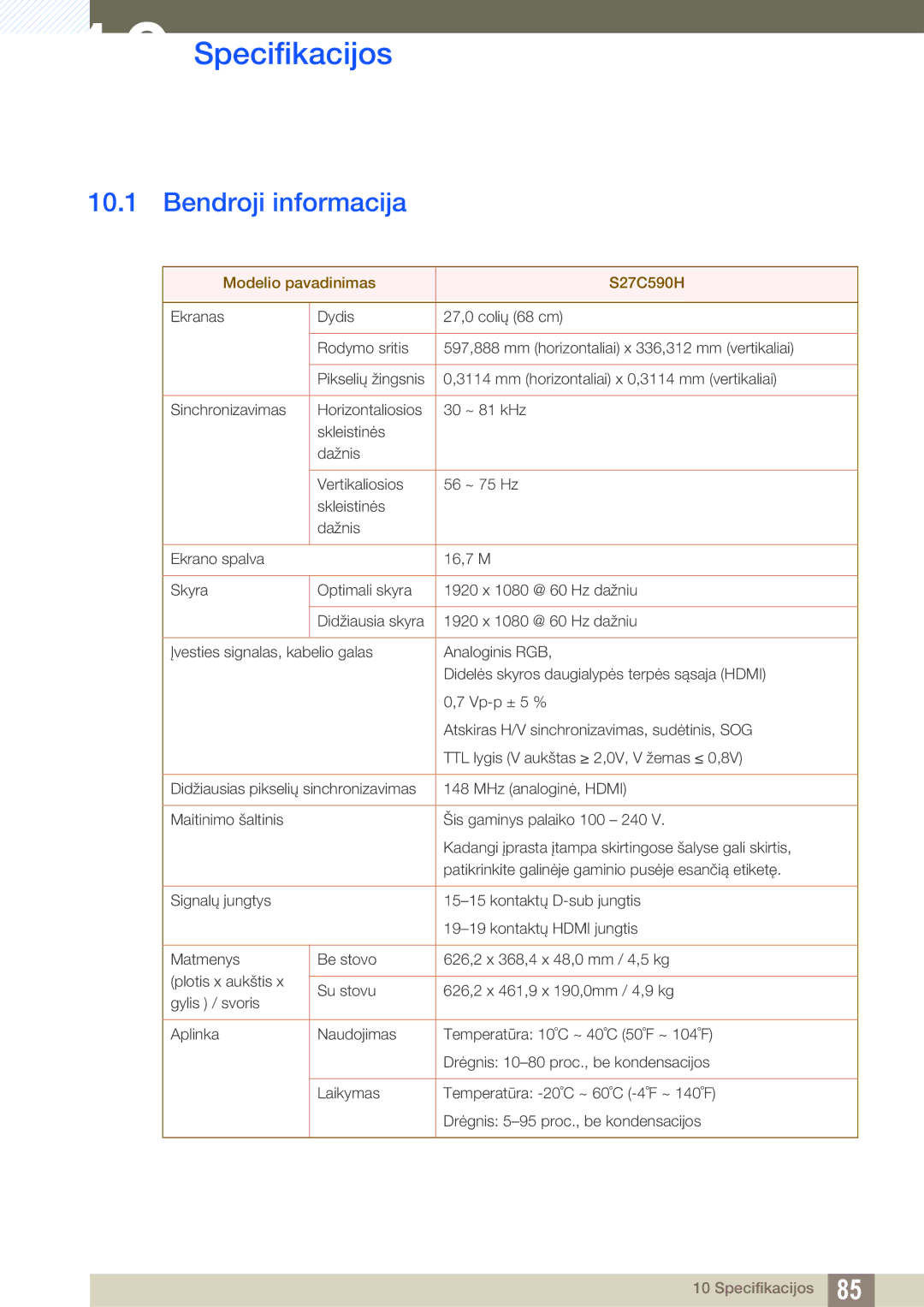 Samsung LS27C590HS/EN manual Specifikacijos, Bendroji informacija 