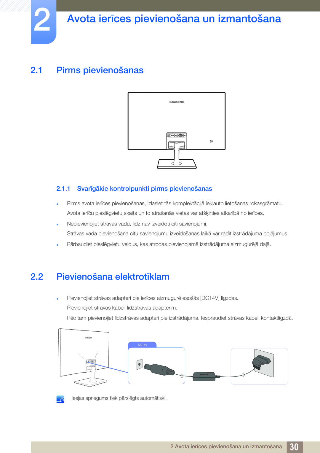 Samsung LS27C590HS/EN manual Avota ierīces pievienošana un izmantošana, Pirms pievienošanas, Pievienošana elektrotīklam 