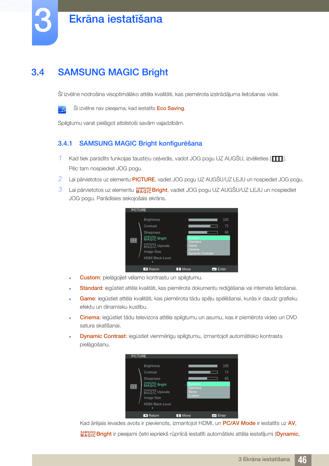 Samsung LS27C590HS/EN manual Samsung Magic Bright konfigurēšana 