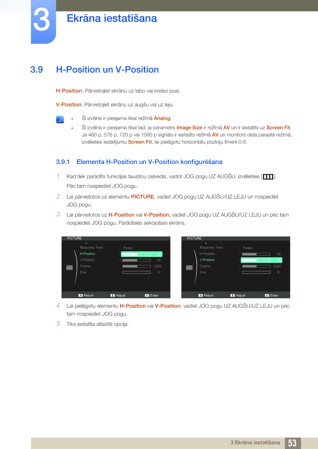 Samsung LS27C590HS/EN manual Elementa H-Position un V-Position konfigurēšana 