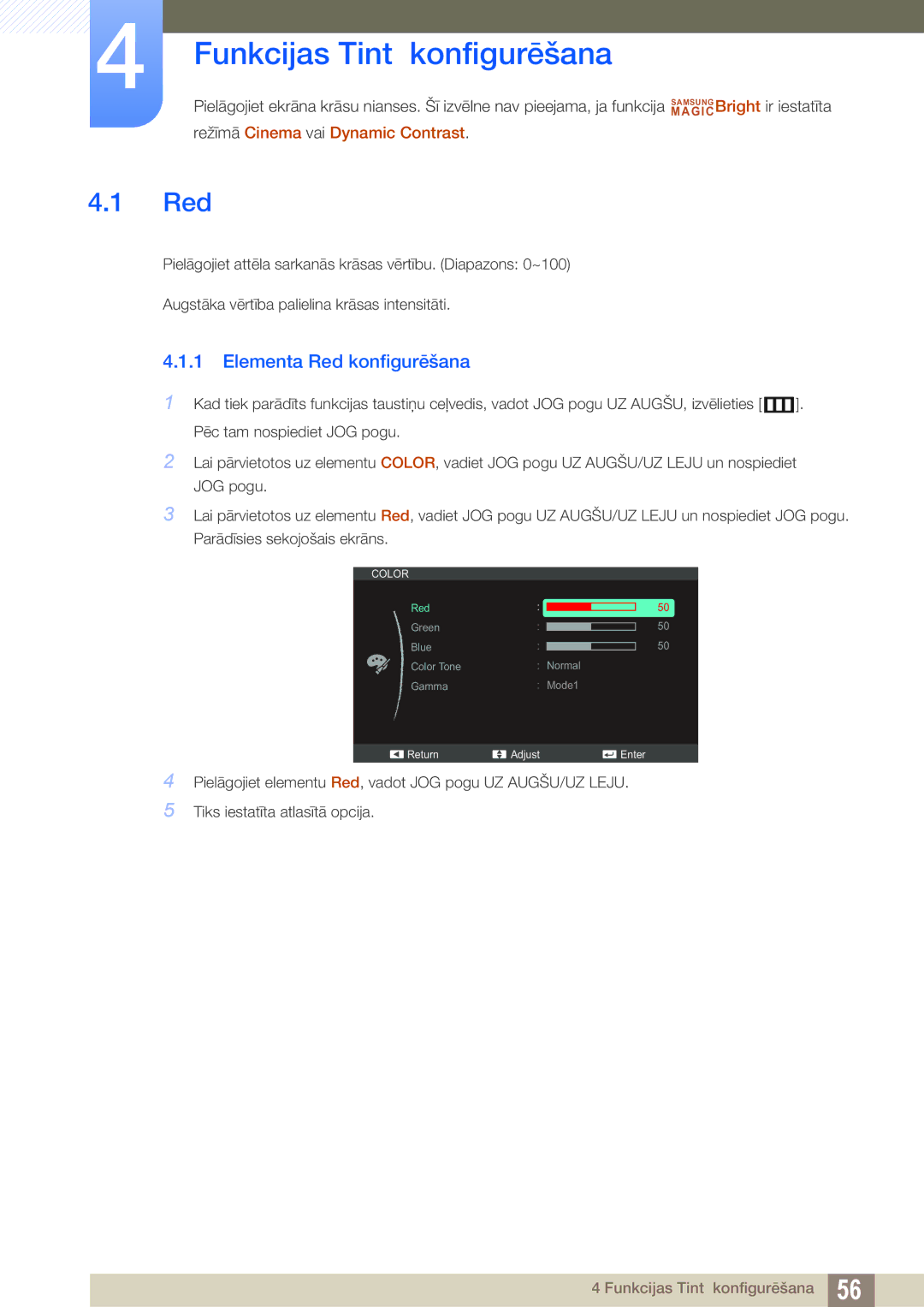 Samsung LS27C590HS/EN manual Funkcijas Tint konfigurēšana, Elementa Red konfigurēšana 