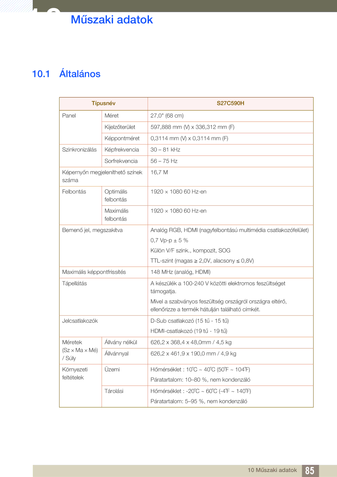 Samsung LS27C590HS/EN manual 10 Műszaki adatok, 10.1 Általános 