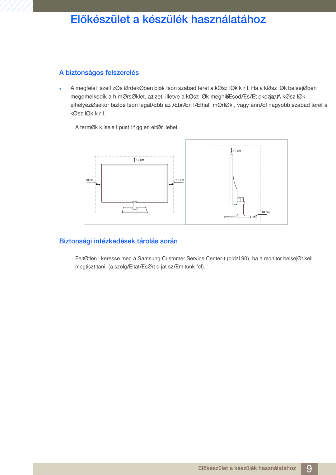 Samsung LS27C590HS/EN manual Biztonságos felszerelés, Biztonsági intézkedések tárolás során 