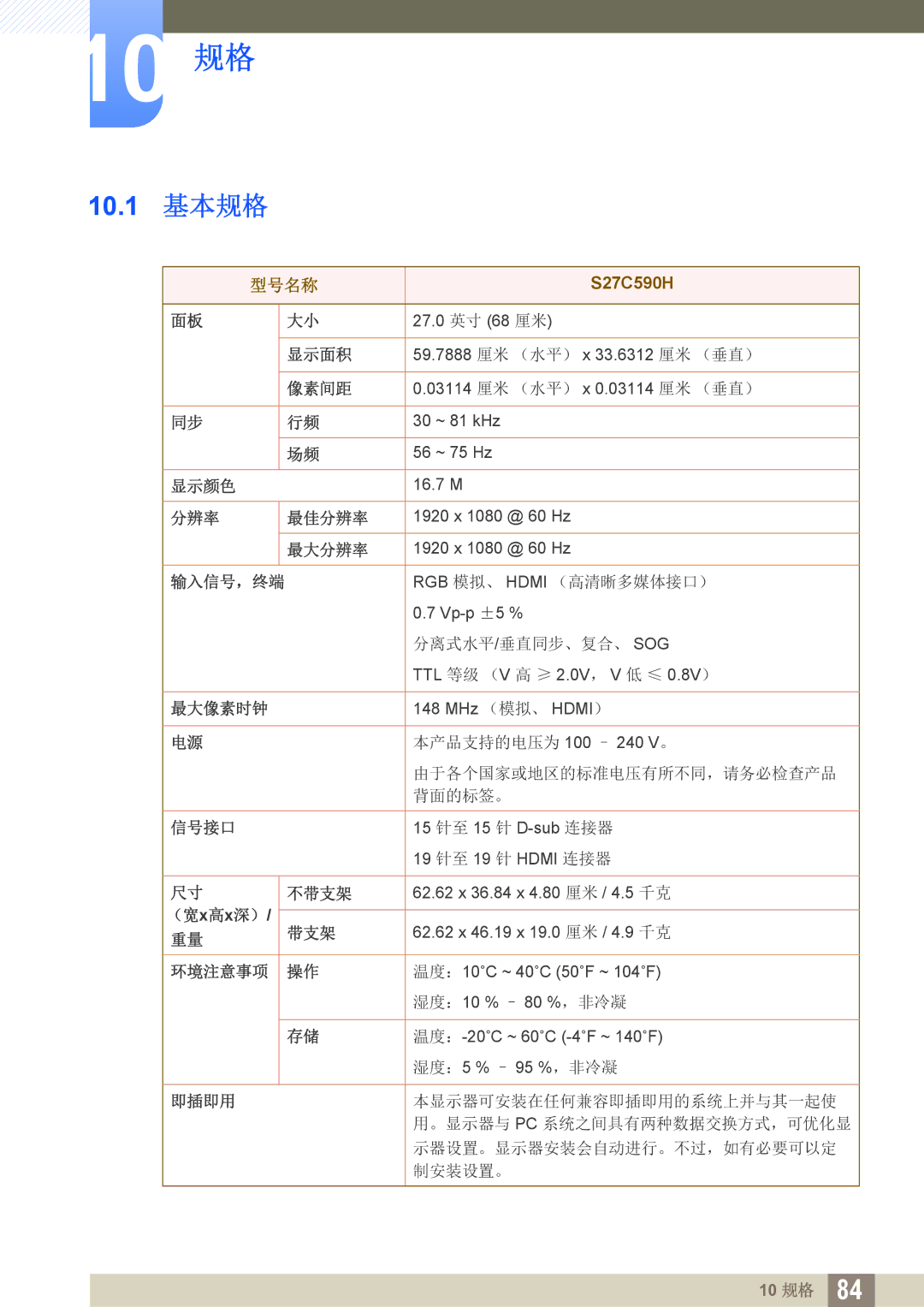 Samsung LS27C590HS/EN manual 10 规格 