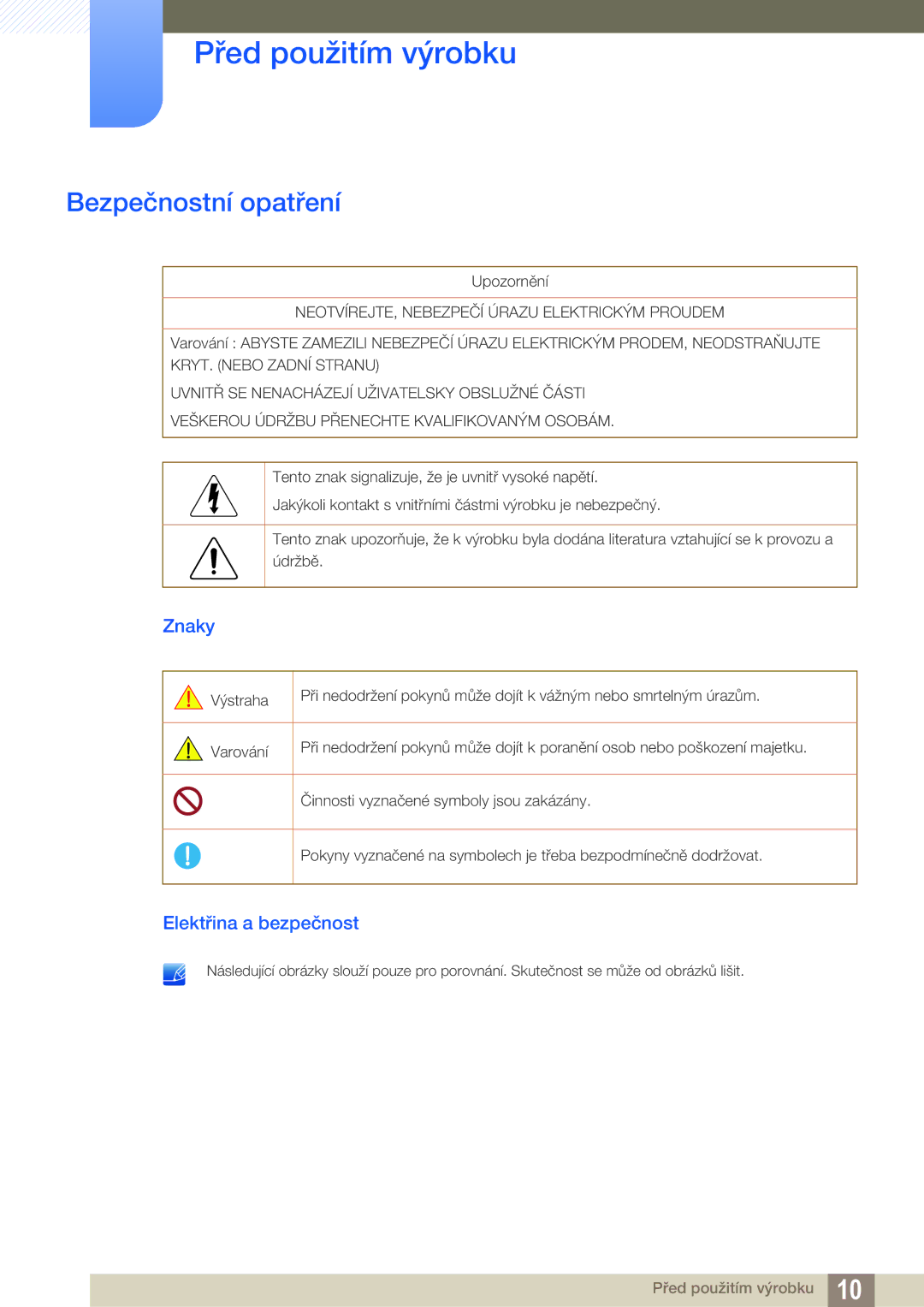 Samsung LS27C65UXS/EN, LS24C65KMWG/EN, LS24C65UXWF/EN, LS24C65KBWV/EN Bezpečnostní opatření, Znaky, Elektřina a bezpečnost 