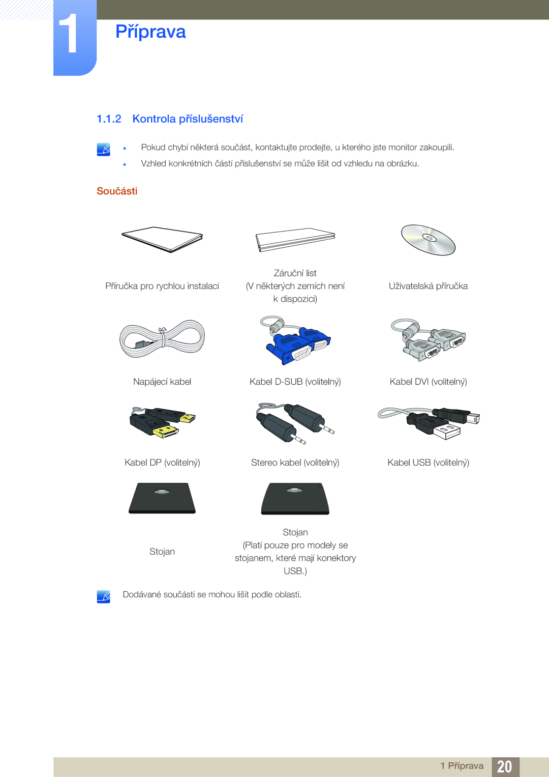 Samsung LS27C65UXS/EN, LS24C65KMWG/EN, LS24C65UXWF/EN, LS24C65KBWV/EN, LS24C65UDW/EN manual Kontrola příslušenství, Součásti 