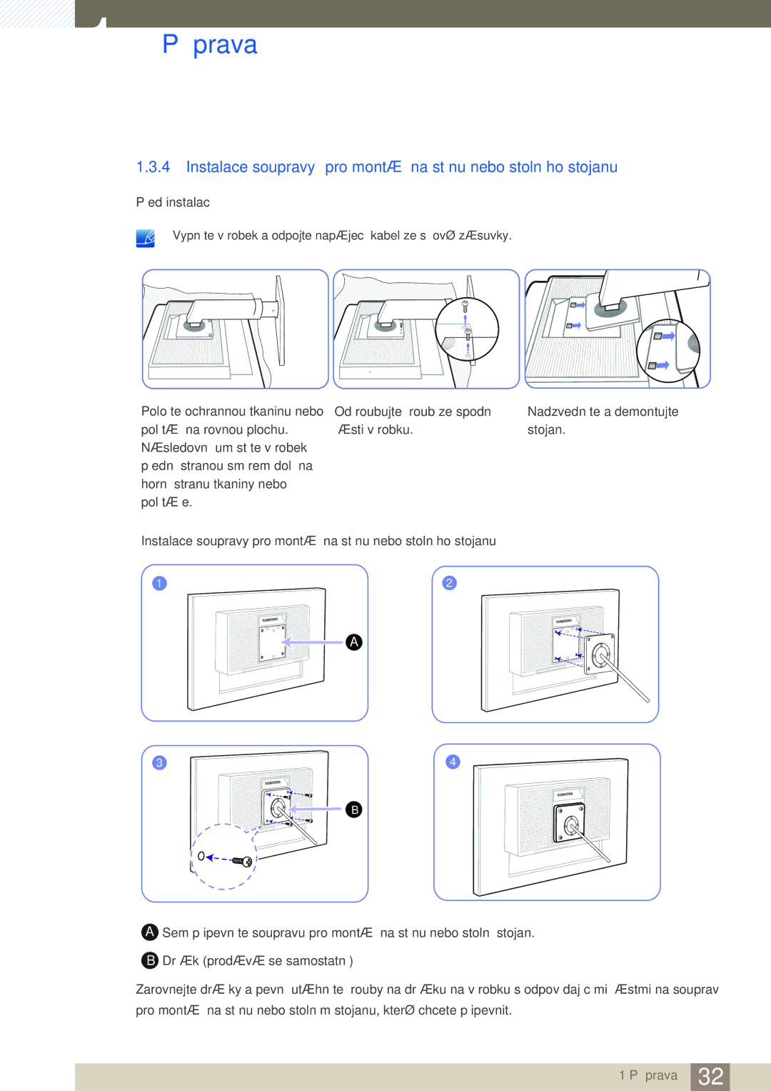 Samsung LS24C65UXWF/EN, LS27C65UXS/EN, LS24C65KMWG/EN manual Instalace soupravy pro montáž na stěnu nebo stolního stojanu 