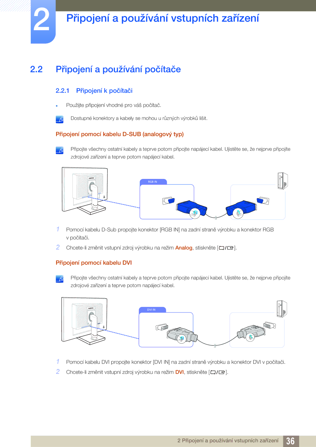 Samsung LS24C65KMWG/EN Připojení a používání počítače, 1 Připojení k počítači, Připojení pomocí kabelu D-SUB analogový typ 