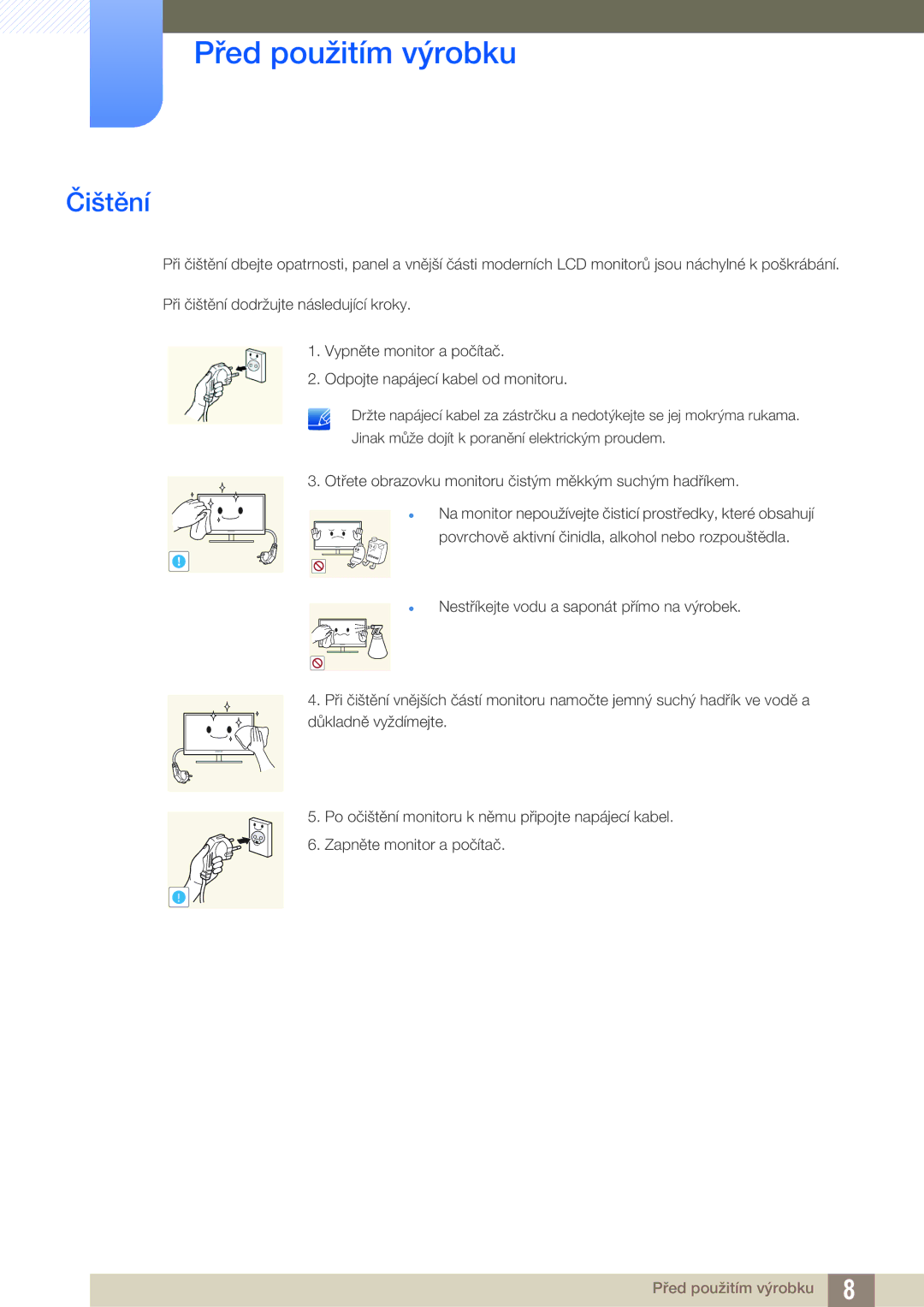 Samsung LS24C65KBWV/EN, LS27C65UXS/EN, LS24C65KMWG/EN, LS24C65UXWF/EN, LS24C65UDW/EN manual Čištění 