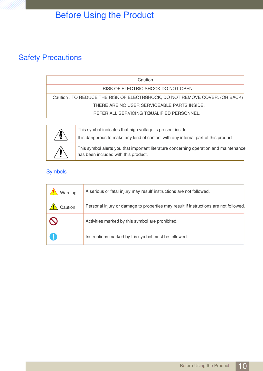 Samsung LS24C65XMWG/EN, LS27C65UXS/EN, LS24C65KMWG/EN, LS24C65UXWF/EN, LS24C65KBWV/EN manual Safety Precautions, Symbols 