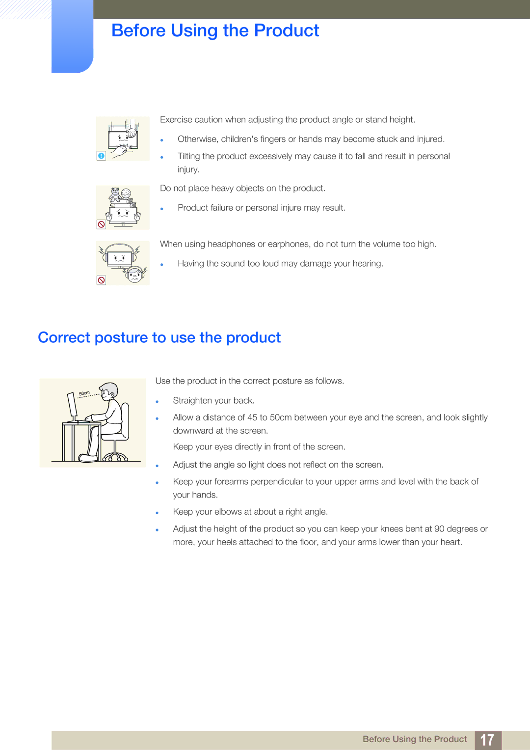 Samsung LS24C65KBWV/CH, LS27C65UXS/EN, LS24C65XMWG/EN, LS24C65KMWG/EN, LS24C65UXWF/EN manual Correct posture to use the product 