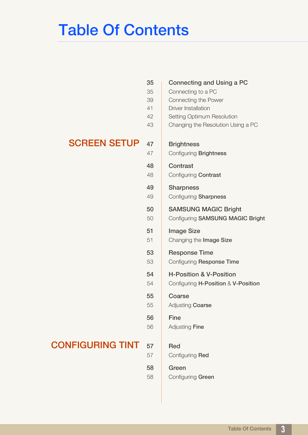 Samsung LS24C65UXWF/EN, LS27C65UXS/EN, LS24C65XMWG/EN, LS24C65KMWG/EN, LS24C65KBWV/EN manual Screen Setup Configuring Tint 