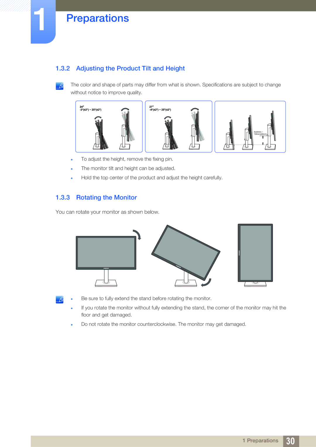 Samsung LS24C65UXWF/EN, LS27C65UXS/EN, LS24C65XMWG/EN manual Adjusting the Product Tilt and Height, Rotating the Monitor 