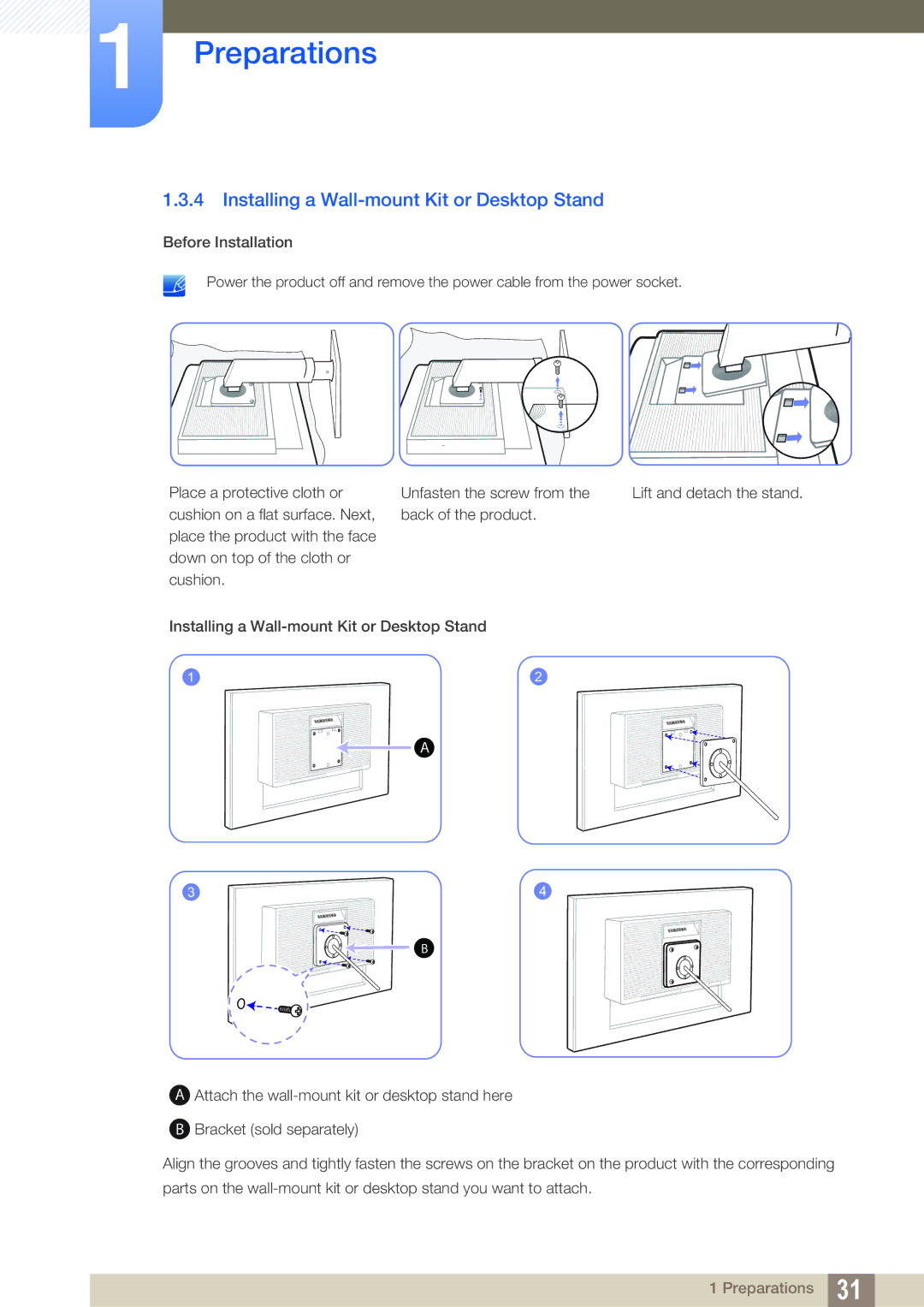 Samsung LS24C65KBWV/EN, LS27C65UXS/EN, LS24C65XMWG/EN, LS24C65KMWG/EN manual Installing a Wall-mount Kit or Desktop Stand 