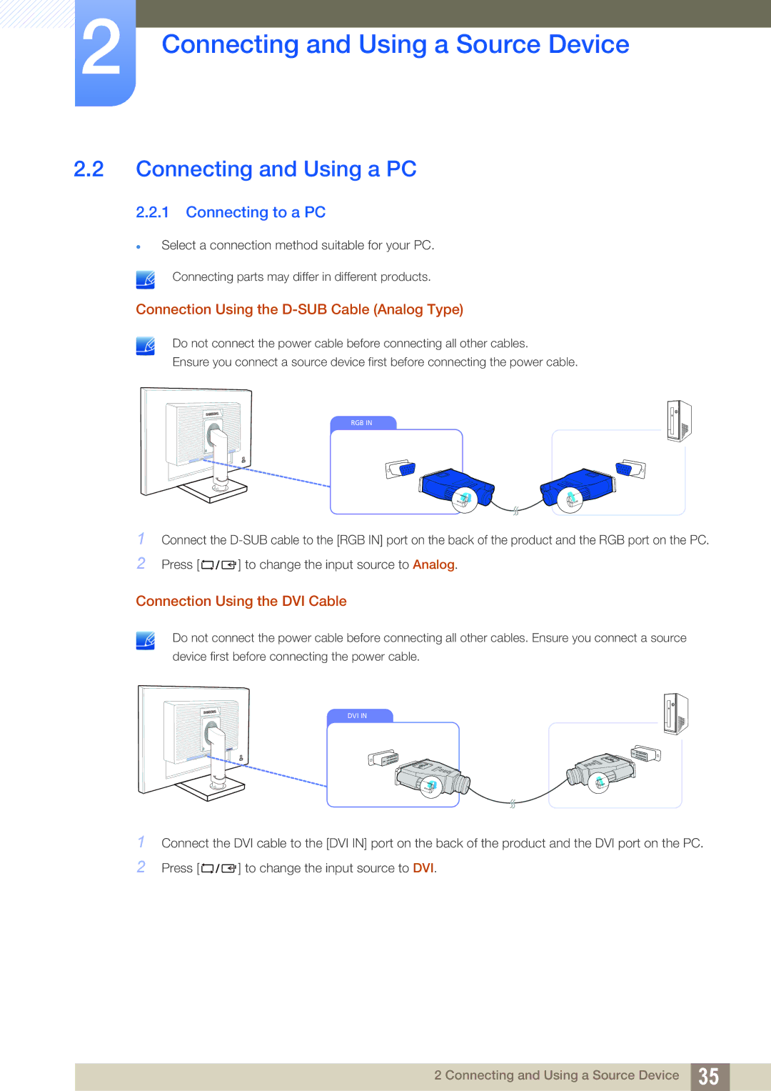 Samsung LS24C65KBWV/CH manual Connecting and Using a PC, Connecting to a PC, Connection Using the D-SUB Cable Analog Type 