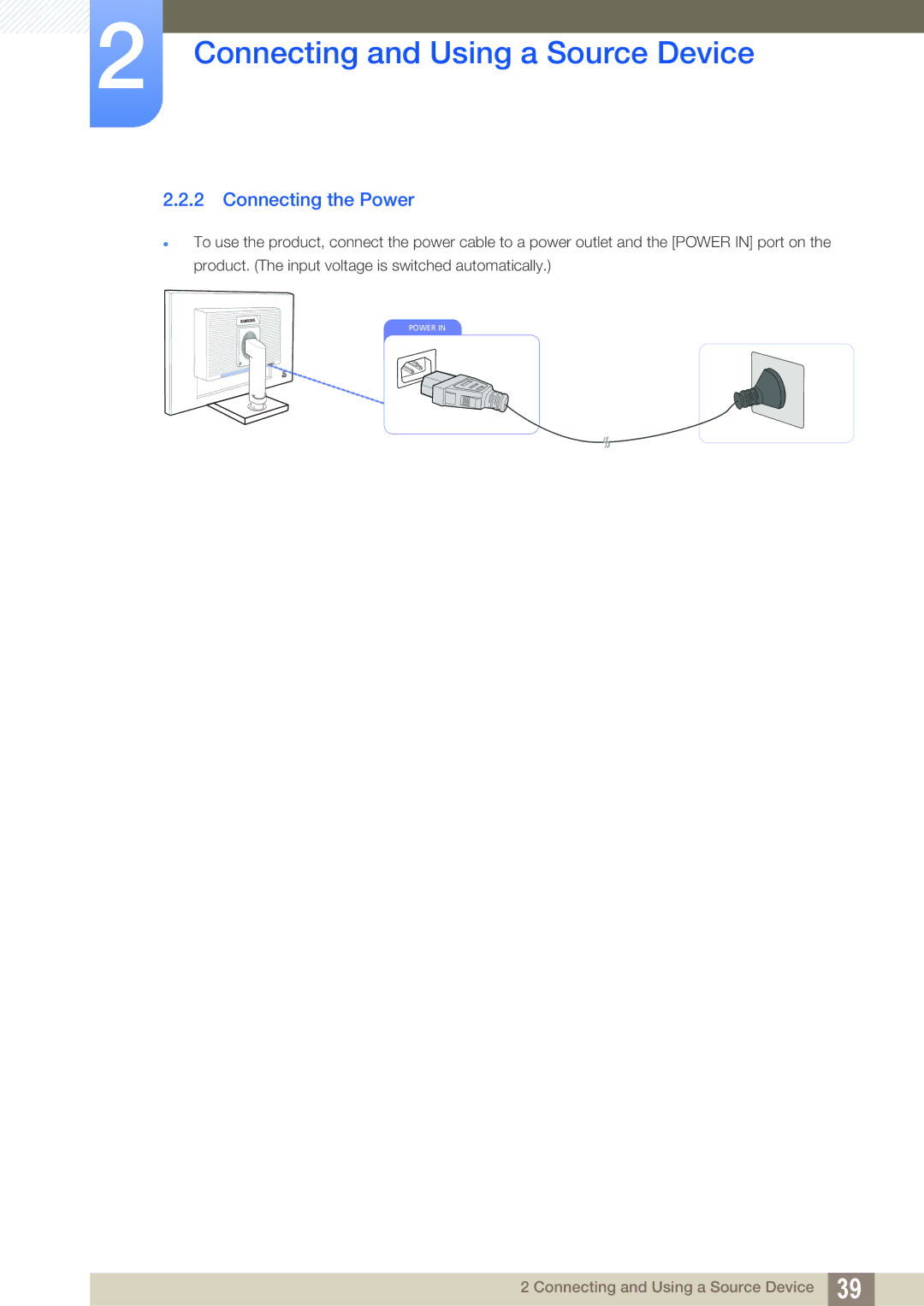 Samsung LS24C65UXWF/EN, LS27C65UXS/EN, LS24C65XMWG/EN, LS24C65KMWG/EN, LS24C65KBWV/EN, LS24C65UDW/EN manual Connecting the Power 