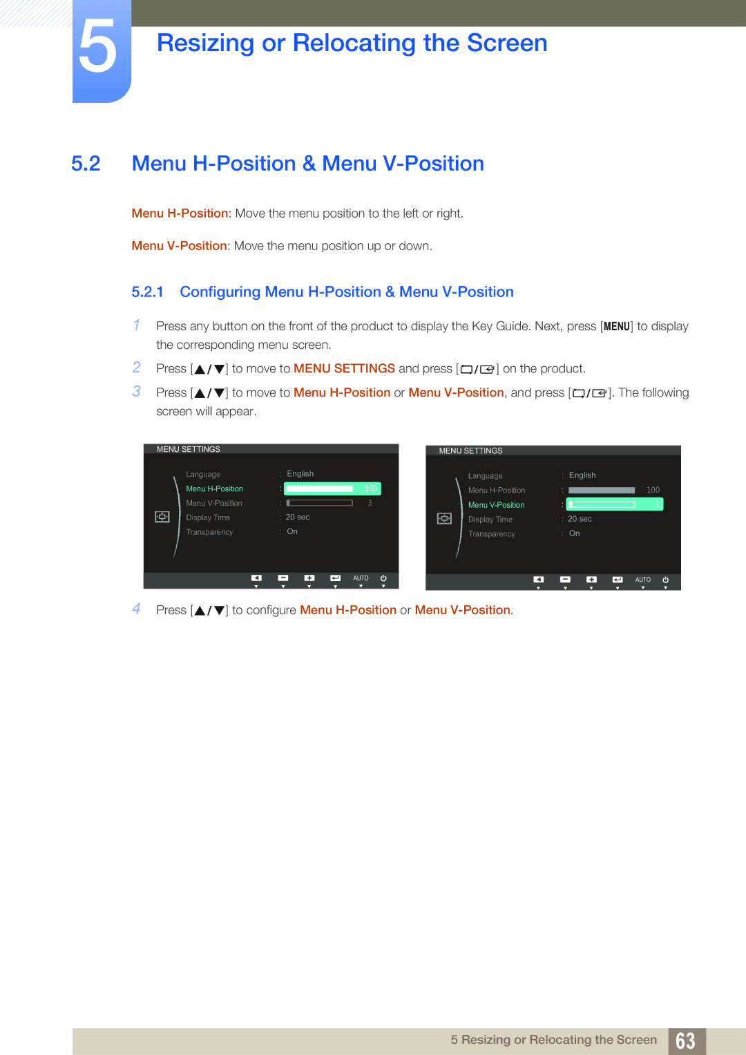 Samsung LS27C65UXS/EN, LS24C65XMWG/EN, LS24C65KMWG/EN, LS24C65UXWF/EN manual Configuring Menu H-Position & Menu V-Position 