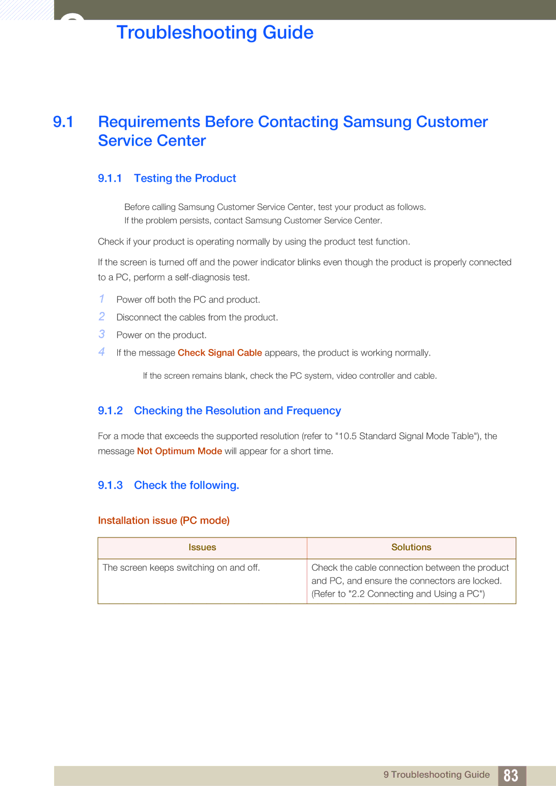 Samsung LS24C65KMWG/EN, LS27C65UXS/EN Troubleshooting Guide, Testing the Product, Checking the Resolution and Frequency 