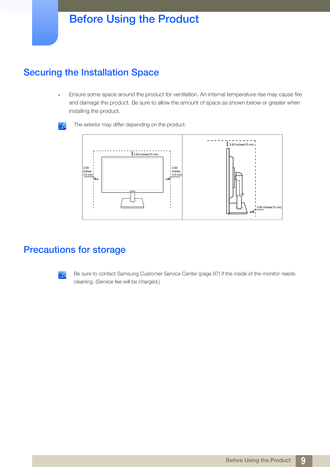 Samsung LS27C65UXS/EN, LS24C65XMWG/EN, LS24C65KMWG/EN manual Securing the Installation Space, Precautions for storage 