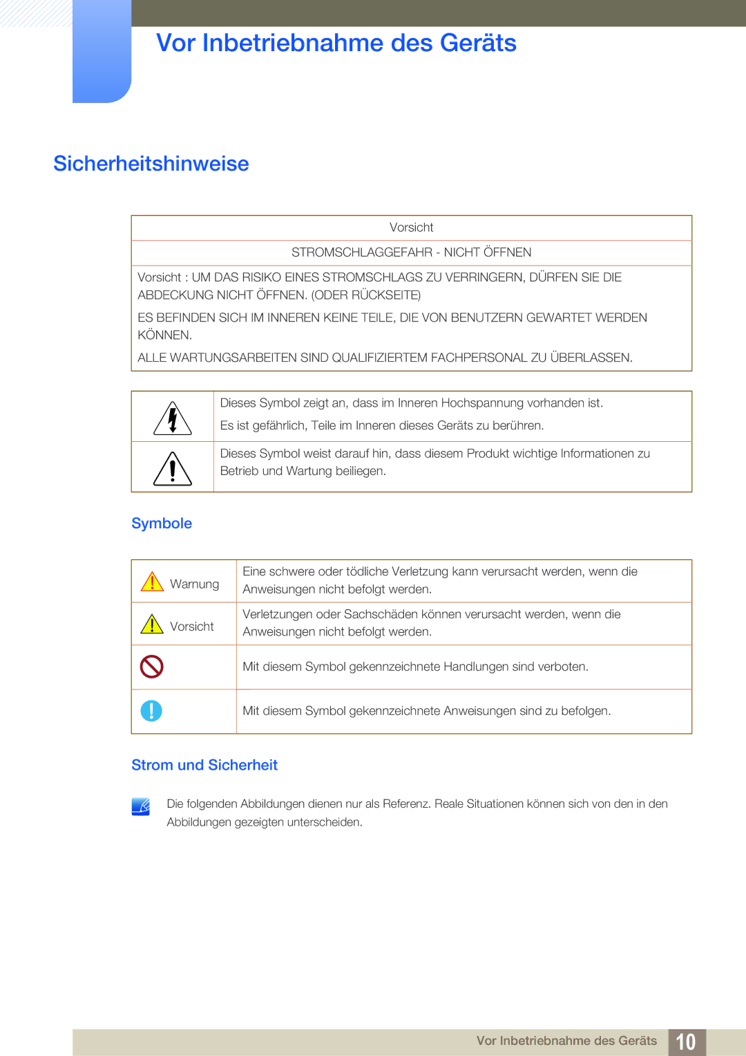 Samsung LS24C65KBWV/EN, LS27C65UXS/EN, LS24C65XMWG/EN, LS24C65KMWG/EN Sicherheitshinweise, Symbole, Strom und Sicherheit 