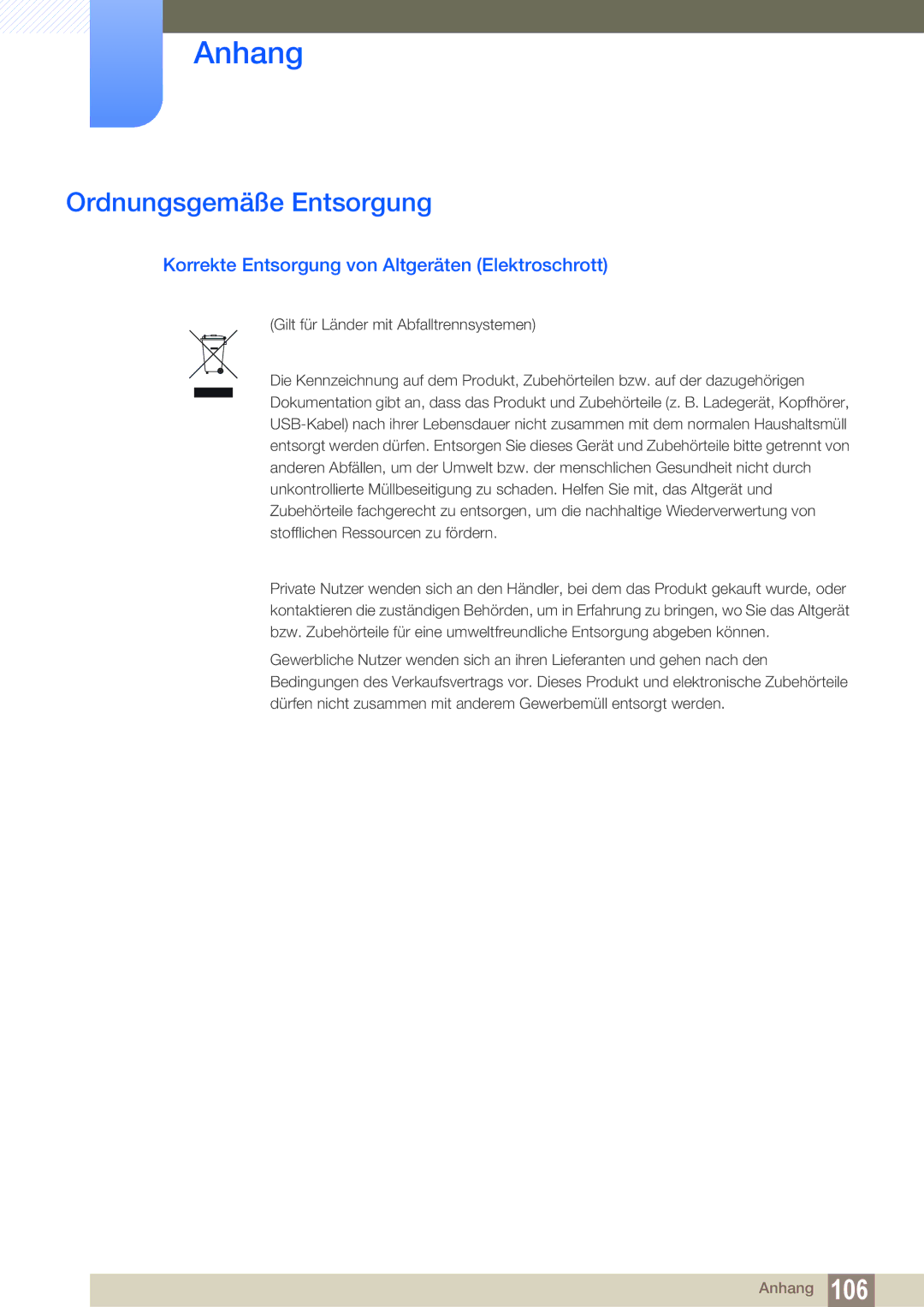 Samsung LS24C65KBWV/EN, LS27C65UXS/EN manual Ordnungsgemäße Entsorgung, Korrekte Entsorgung von Altgeräten Elektroschrott 