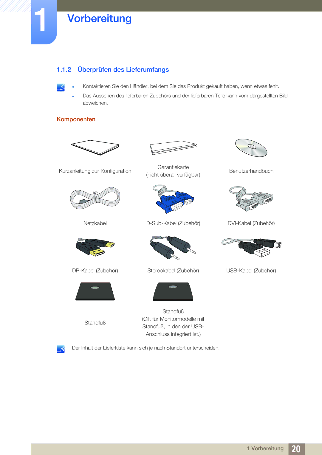 Samsung LS24C65KMWG/EN, LS27C65UXS/EN, LS24C65XMWG/EN, LS24C65UXWF/EN manual 2 Überprüfen des Lieferumfangs, Komponenten 