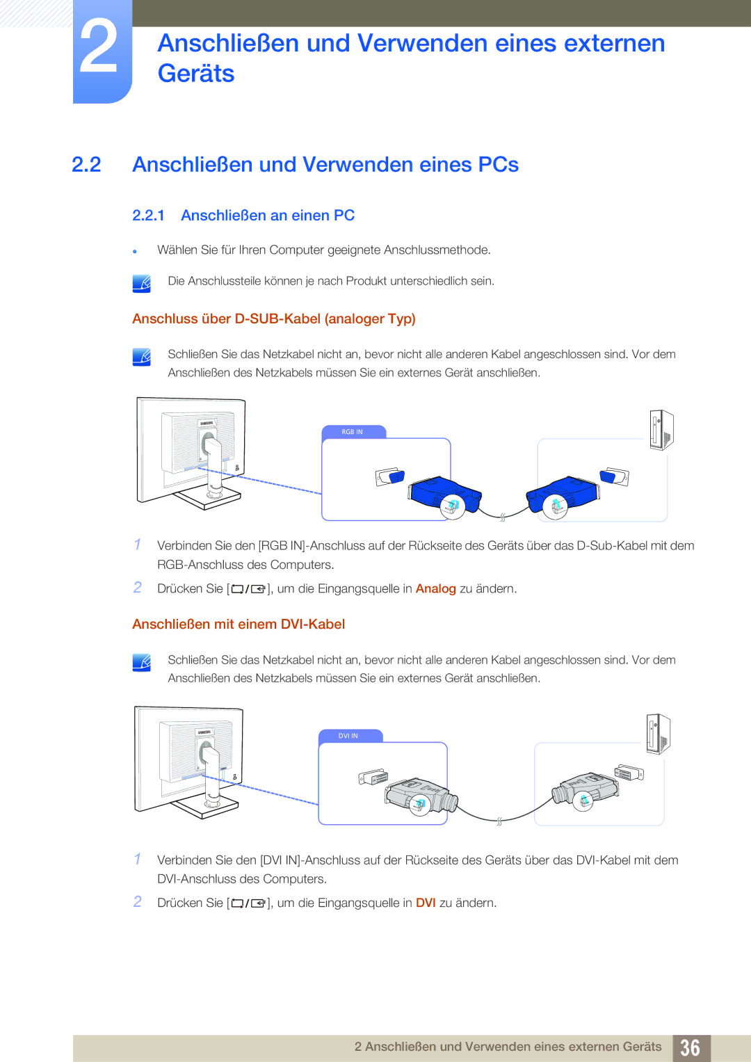 Samsung LS27C65UXS/EN manual Anschließen und Verwenden eines PCs, Anschließen an einen PC, Anschließen mit einem DVI-Kabel 