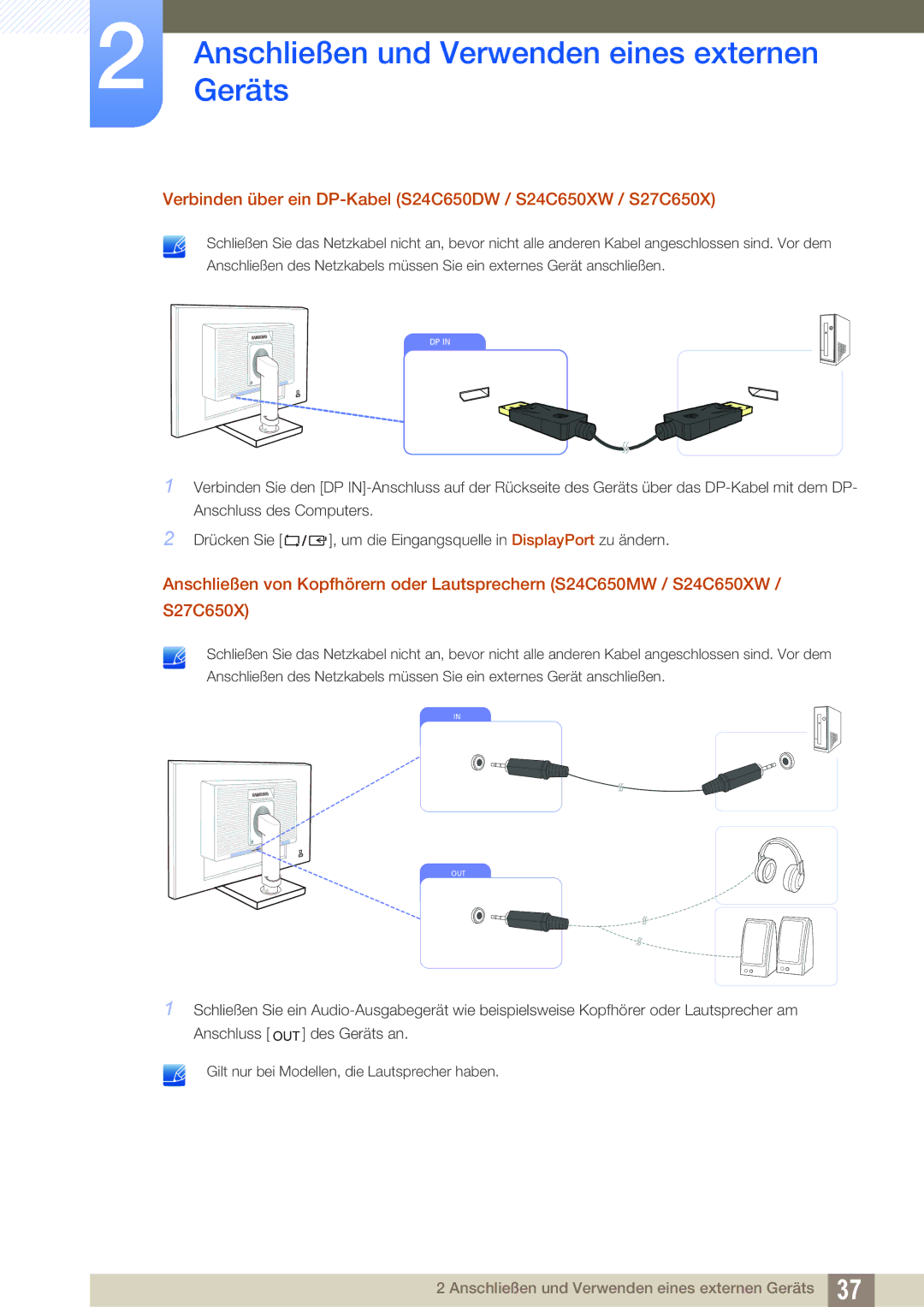 Samsung LS24C65XMWG/EN, LS27C65UXS/EN, LS24C65KMWG/EN manual Verbinden über ein DP-Kabel S24C650DW / S24C650XW / S27C650X 