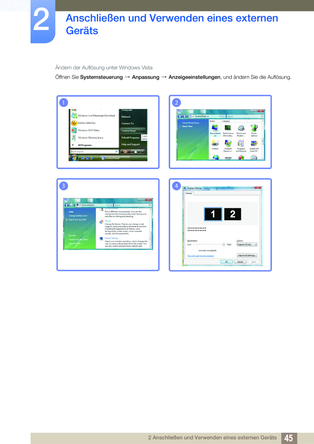 Samsung LS24C65UXWF/EN, LS27C65UXS/EN, LS24C65XMWG/EN, LS24C65KMWG/EN, LS24C65UDW/EN Ändern der Auflösung unter Windows Vista 
