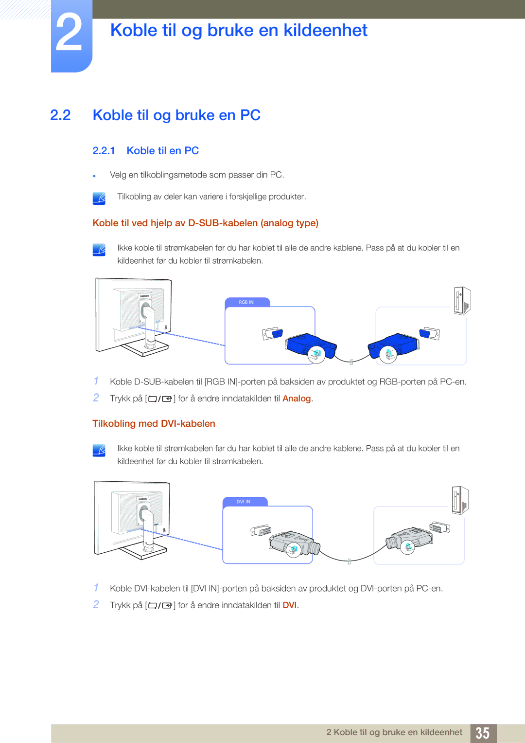 Samsung LS27C65UXS/EN manual Koble til og bruke en PC, Koble til en PC, Koble til ved hjelp av D-SUB-kabelen analog type 