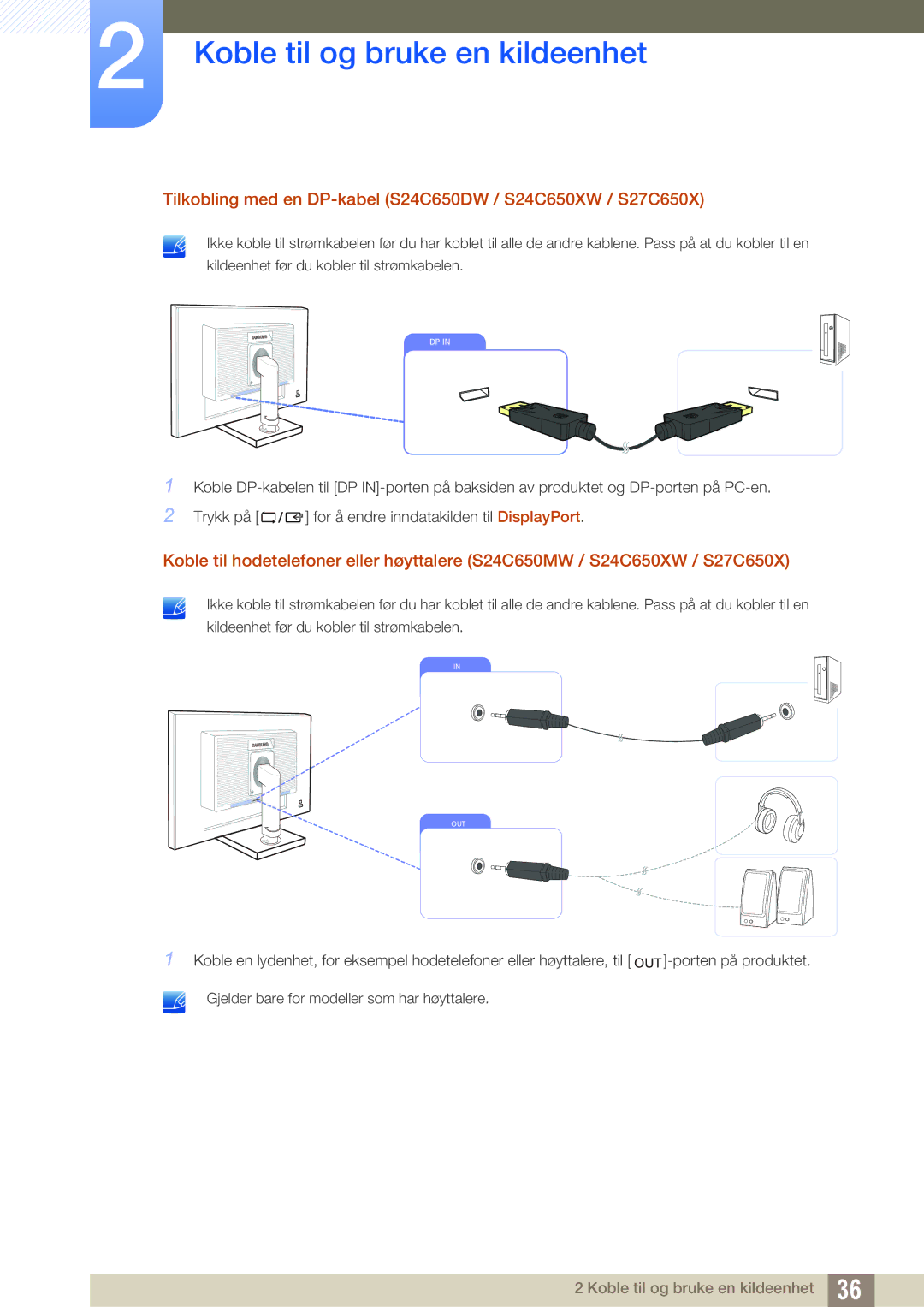 Samsung LS24C65XMWG/EN, LS27C65UXS/EN, LS24C65UXWF/EN manual Tilkobling med en DP-kabel S24C650DW / S24C650XW / S27C650X 