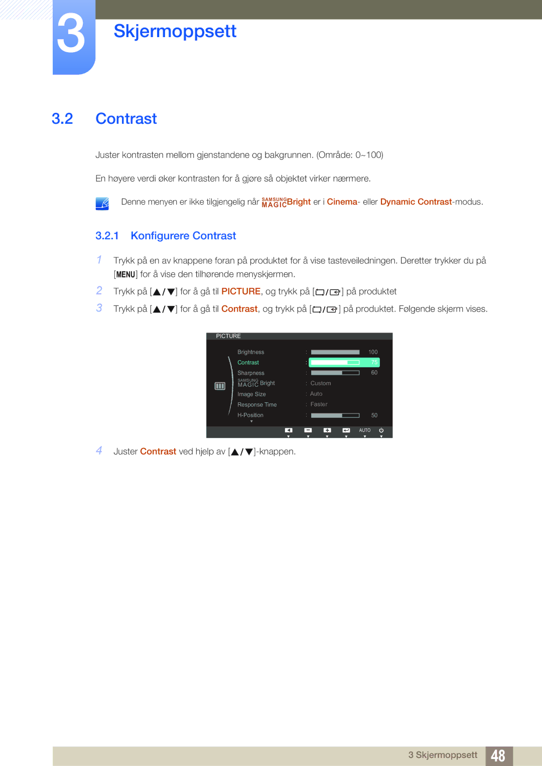 Samsung LS24C65KBWV/EN, LS27C65UXS/EN, LS24C65XMWG/EN, LS24C65UXWF/EN, LS24C65UDW/EN manual Konfigurere Contrast 