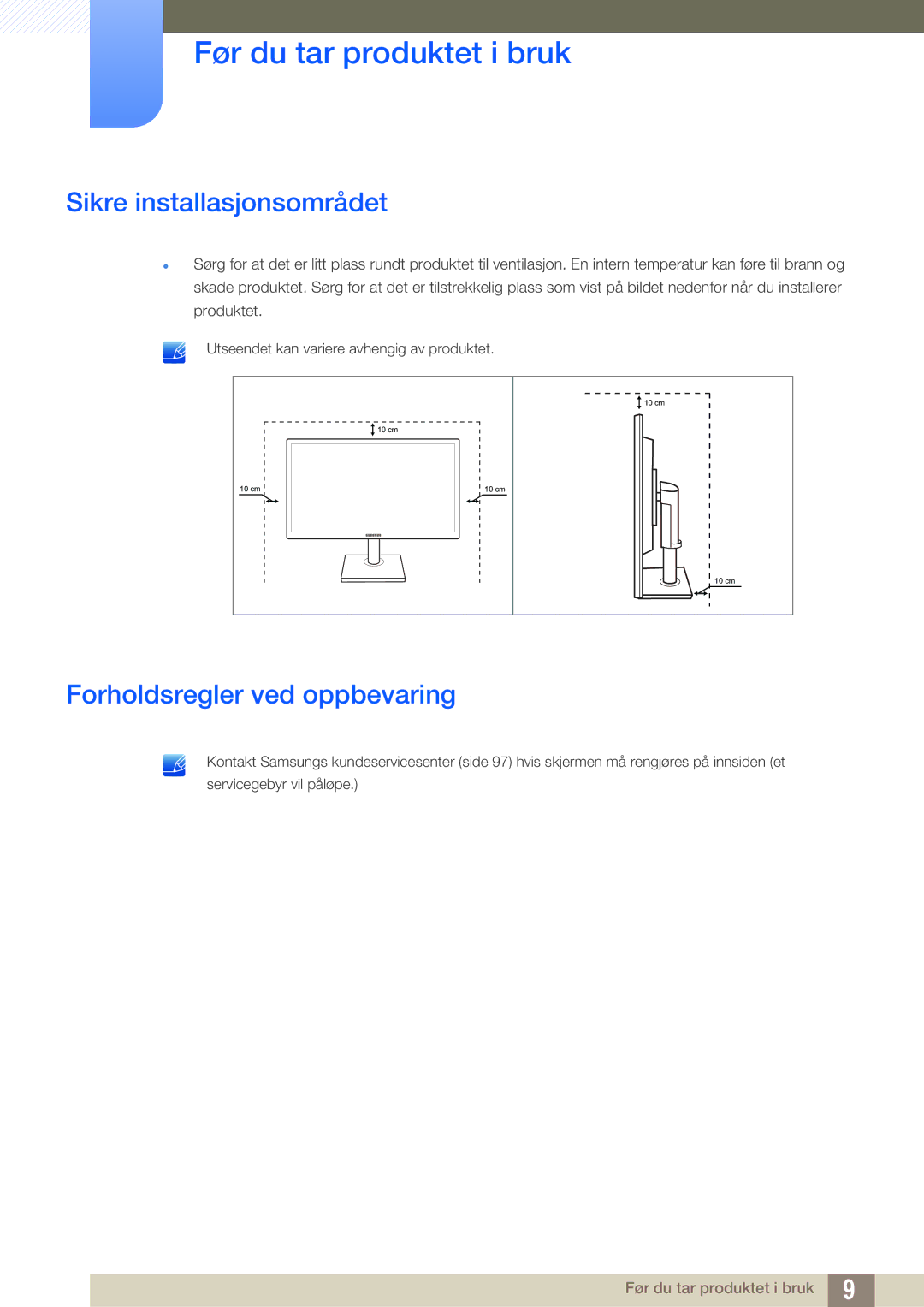 Samsung LS24C65UDW/EN, LS27C65UXS/EN, LS24C65XMWG/EN manual Sikre installasjonsområdet, Forholdsregler ved oppbevaring 