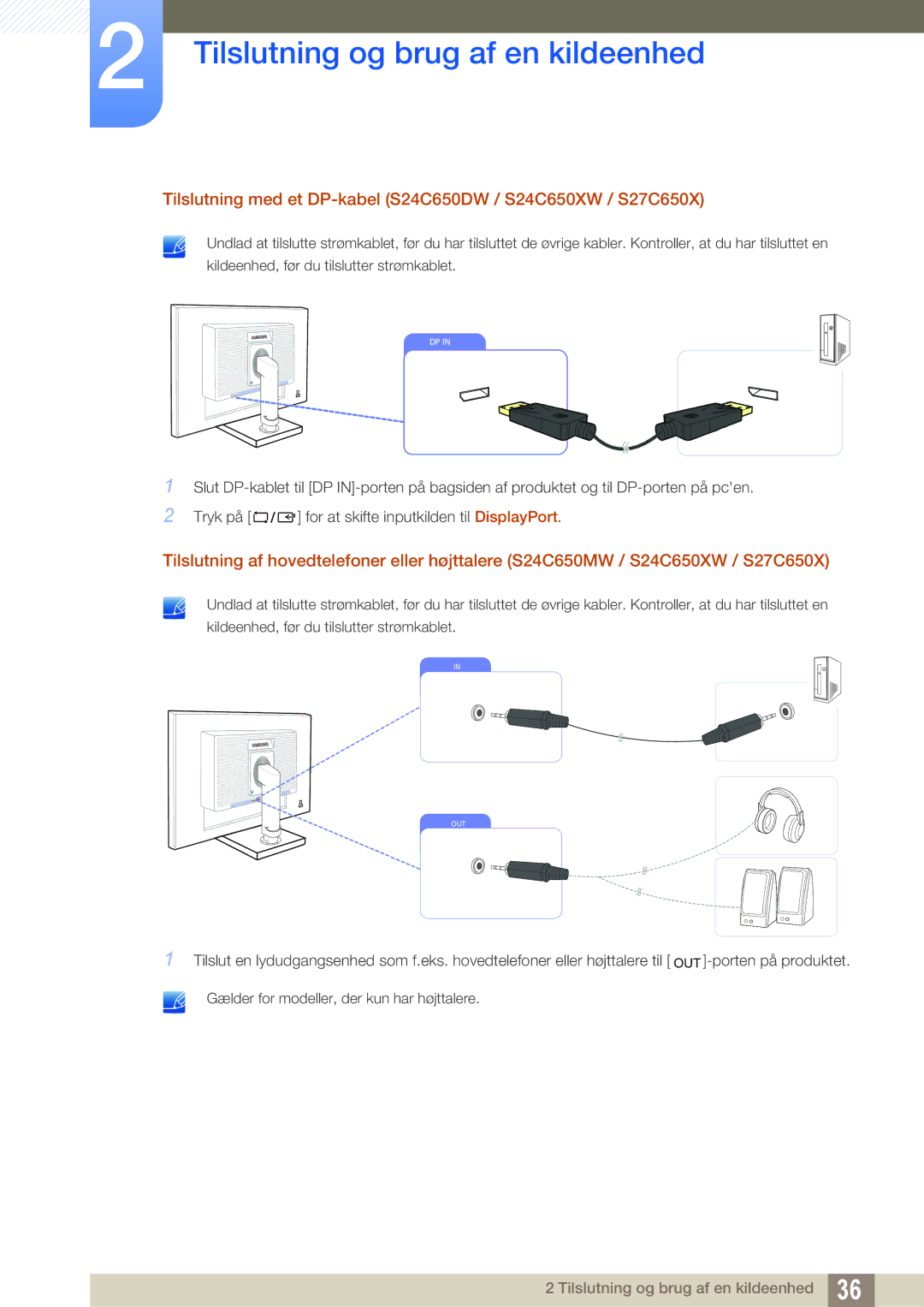 Samsung LS24C65XMWG/EN, LS27C65UXS/EN, LS24C65UXWF/EN manual Tilslutning med et DP-kabel S24C650DW / S24C650XW / S27C650X 