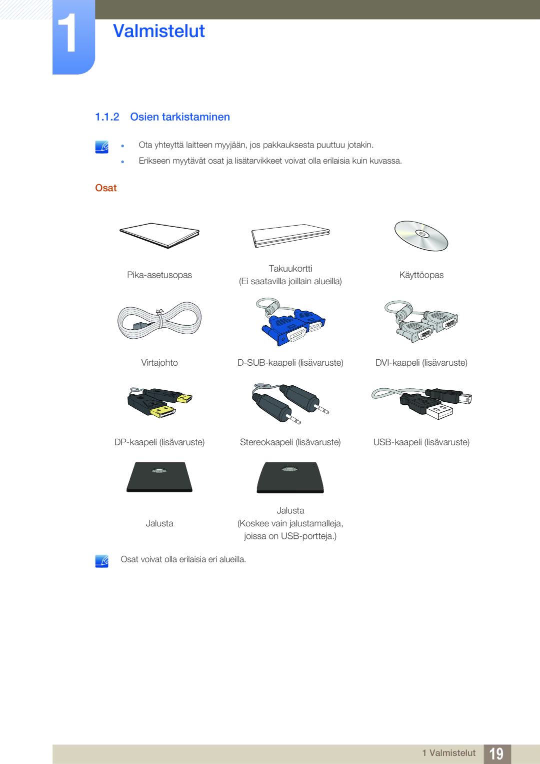 Samsung LS24C65UDW/EN, LS27C65UXS/EN, LS24C65XMWG/EN, LS24C65UXWF/EN, LS24C65KBWV/EN manual Osien tarkistaminen, Osat 