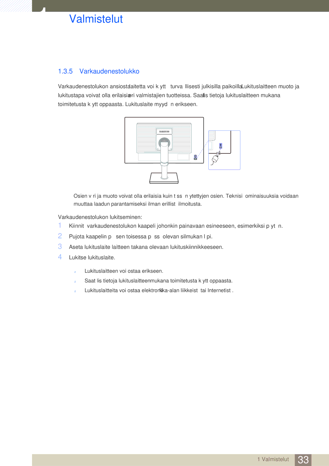 Samsung LS24C65KBWV/EN, LS27C65UXS/EN, LS24C65XMWG/EN, LS24C65UXWF/EN, LS24C65UDW/EN manual Varkaudenestolukko 