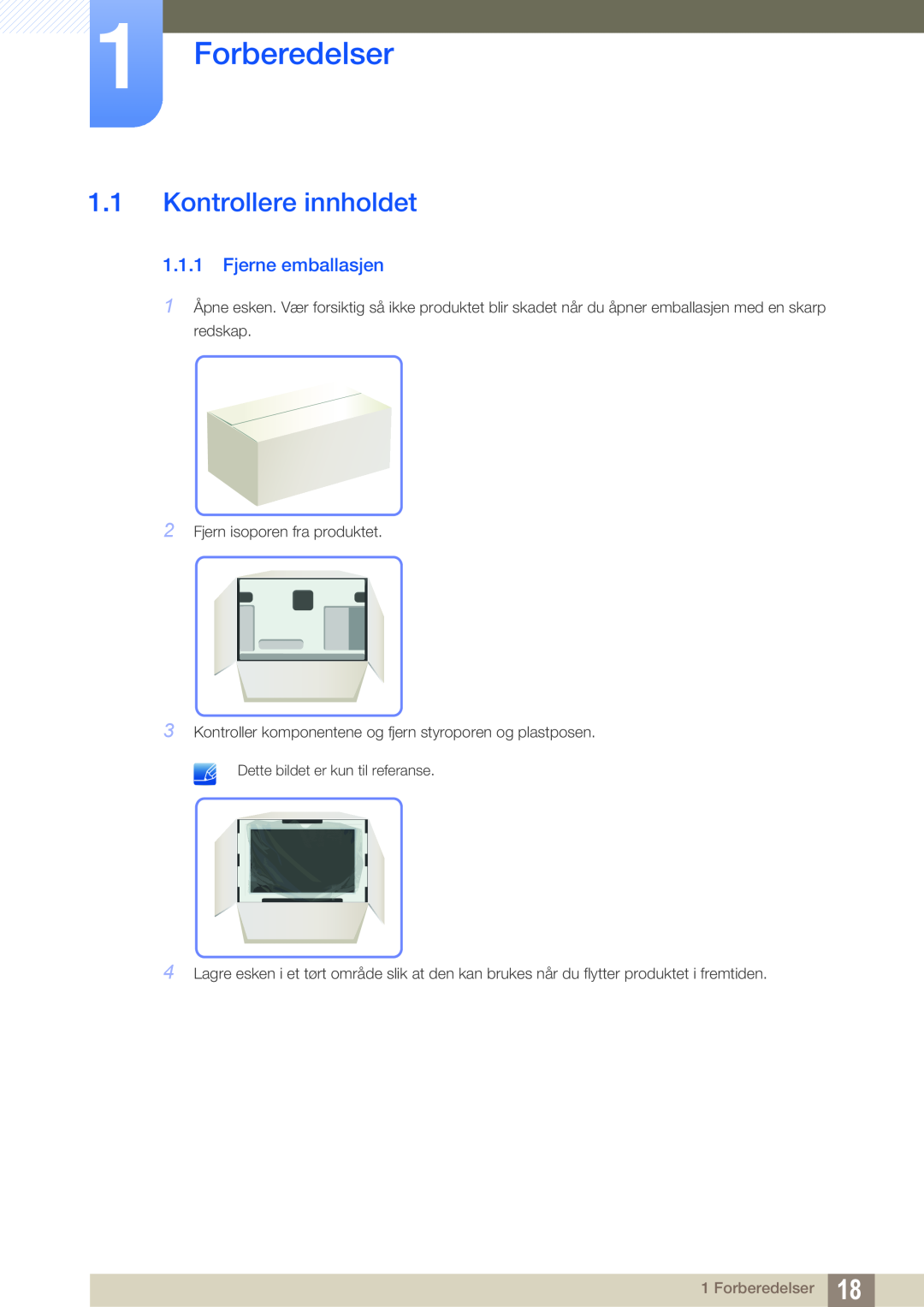 Samsung LS24C65KBWV/EN, LS27C65UXS/EN, LS24C65XMWG/EN manual Forberedelser, Kontrollere innholdet, Fjerne emballasjen 
